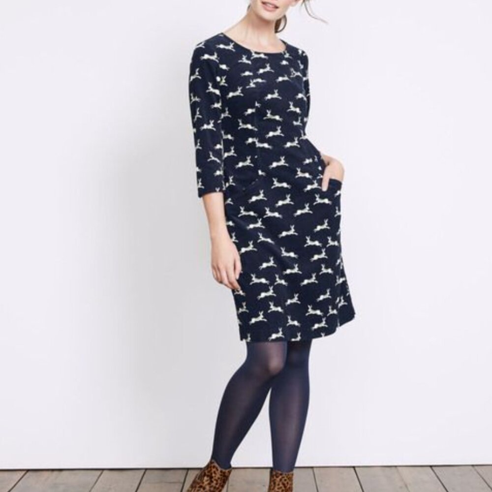 Boden Christina Cord Dress in French Navy Woodland Hare 6L